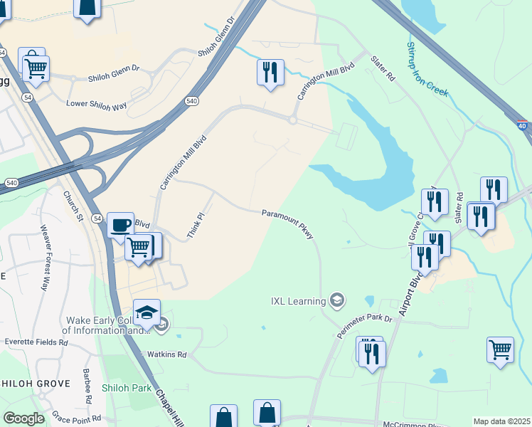 map of restaurants, bars, coffee shops, grocery stores, and more near 4200 Paramount Parkway in Morrisville