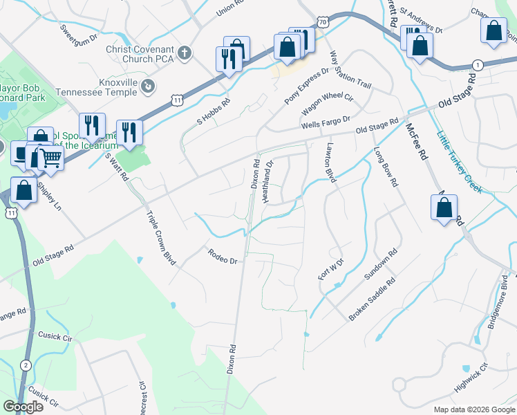 map of restaurants, bars, coffee shops, grocery stores, and more near 407 Willowcrest Lane in Knoxville