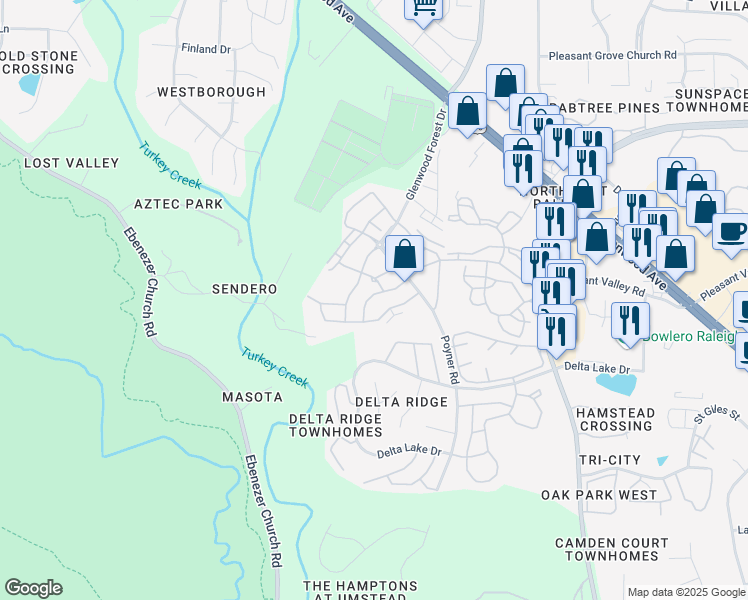 map of restaurants, bars, coffee shops, grocery stores, and more near 5025 Amber Clay Lane in Raleigh