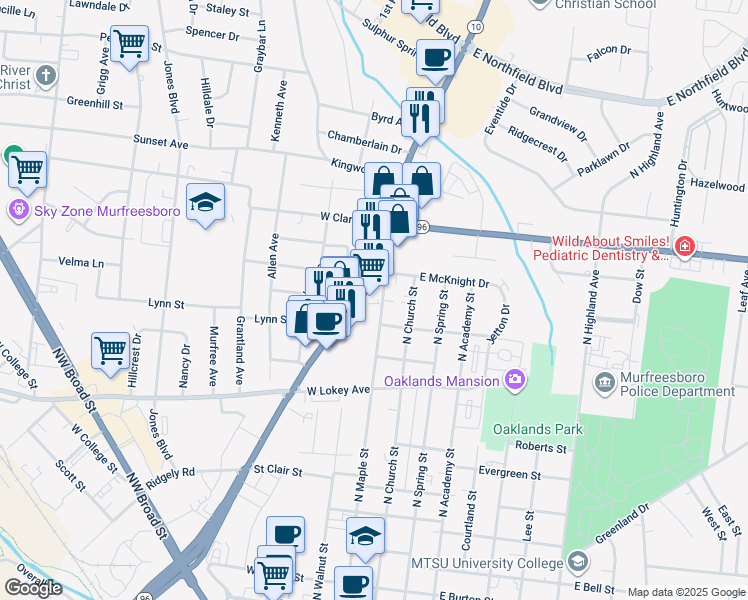 map of restaurants, bars, coffee shops, grocery stores, and more near 1115 North Maple Street in Murfreesboro
