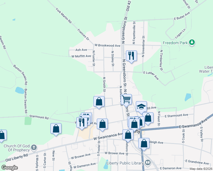 map of restaurants, bars, coffee shops, grocery stores, and more near 232 West Vance Avenue in Liberty
