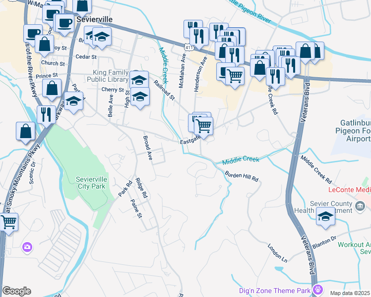 map of restaurants, bars, coffee shops, grocery stores, and more near 601 Eastgate Road in Pigeon Forge