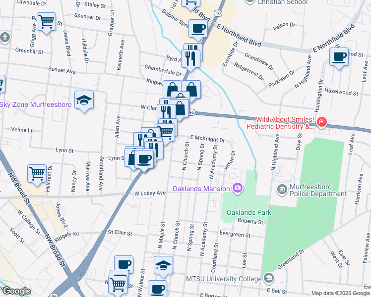 map of restaurants, bars, coffee shops, grocery stores, and more near 1203 Knox Street in Murfreesboro