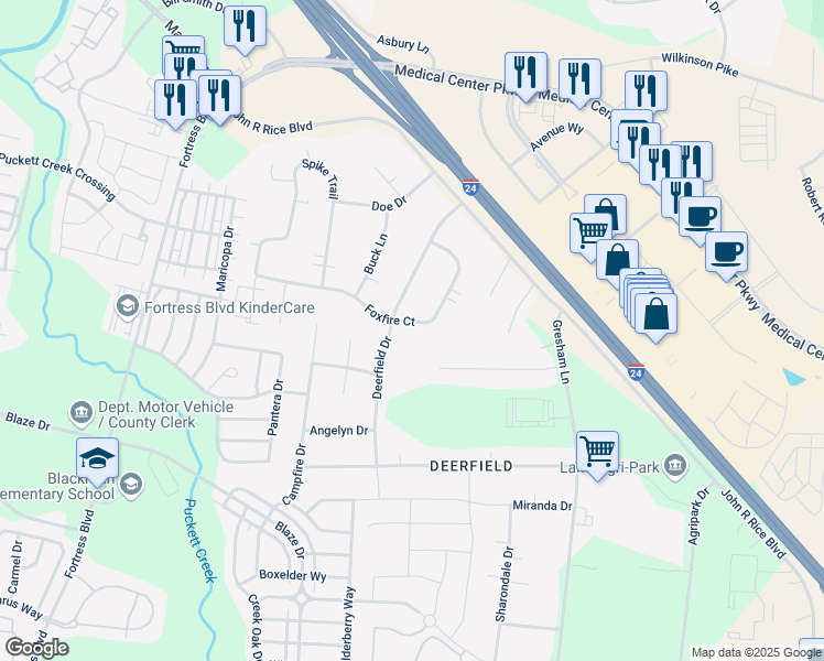 map of restaurants, bars, coffee shops, grocery stores, and more near 550 Foxfire Court in Murfreesboro