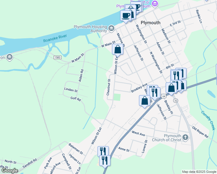 map of restaurants, bars, coffee shops, grocery stores, and more near Chestnut Street in Plymouth