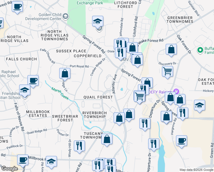 map of restaurants, bars, coffee shops, grocery stores, and more near 5881 Shady Grove Circle in Raleigh