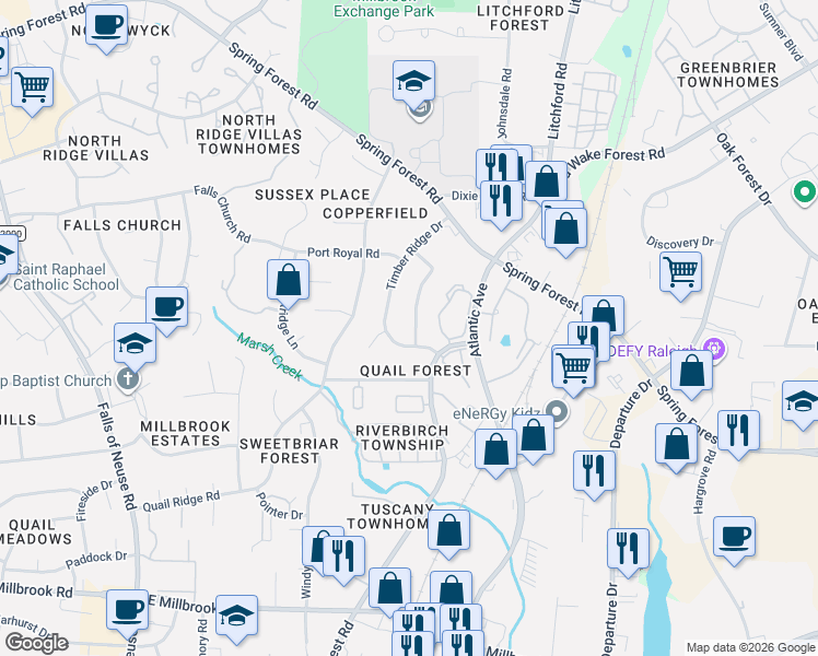 map of restaurants, bars, coffee shops, grocery stores, and more near 5720 Timber Ridge Drive in Raleigh