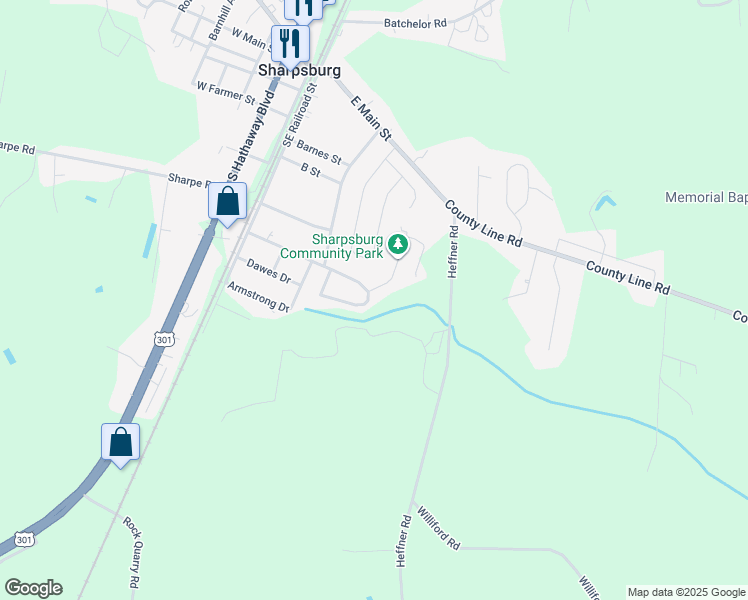 map of restaurants, bars, coffee shops, grocery stores, and more near 446 Kasey Circle in Sharpsburg