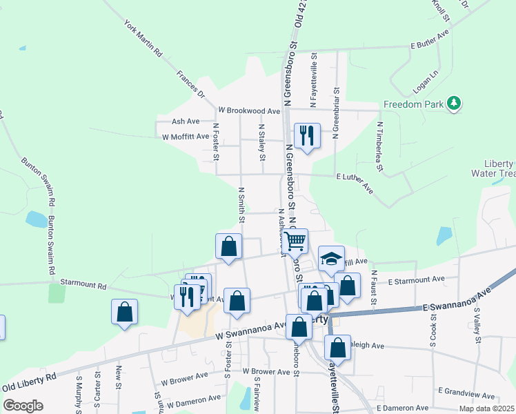 map of restaurants, bars, coffee shops, grocery stores, and more near 232 West Vance Avenue in Liberty