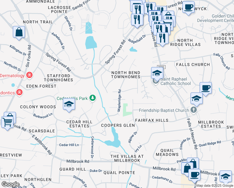 map of restaurants, bars, coffee shops, grocery stores, and more near 708 Green Ridge Drive in Raleigh