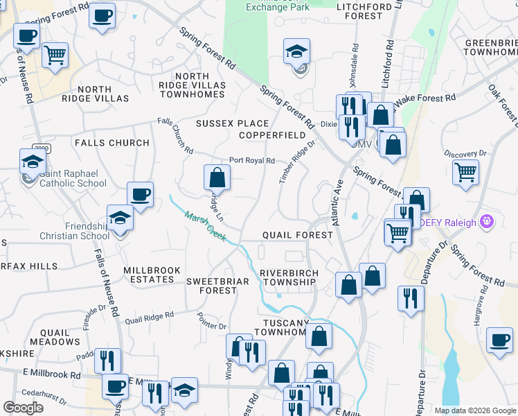 map of restaurants, bars, coffee shops, grocery stores, and more near 1920 Quail Ridge Road in Raleigh