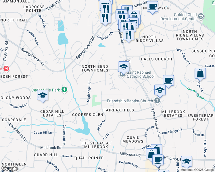 map of restaurants, bars, coffee shops, grocery stores, and more near 1102 Cotswold Court in Raleigh