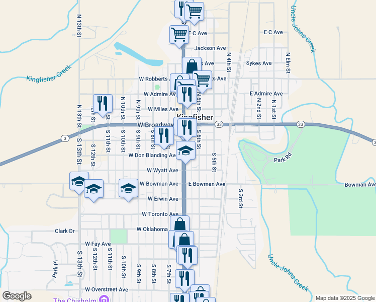 map of restaurants, bars, coffee shops, grocery stores, and more near 217 South Main Street in Kingfisher