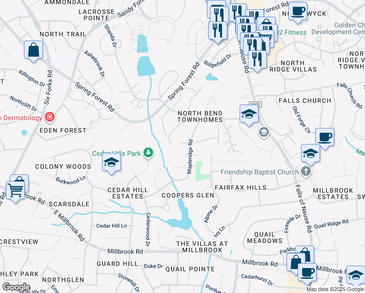 map of restaurants, bars, coffee shops, grocery stores, and more near 700 Green Ridge Drive in Raleigh