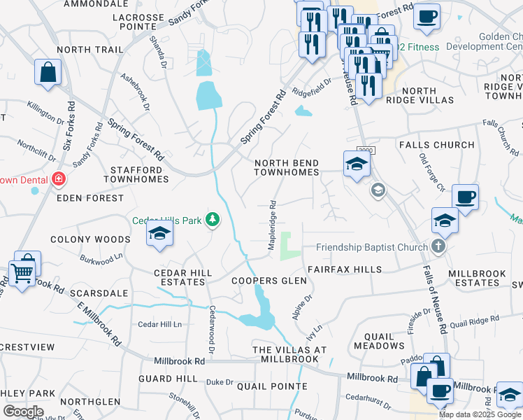 map of restaurants, bars, coffee shops, grocery stores, and more near 700 Green Ridge Drive in Raleigh