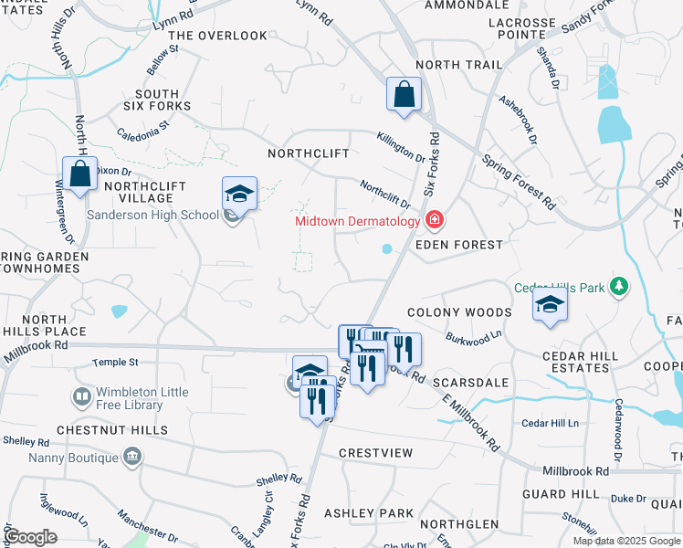 map of restaurants, bars, coffee shops, grocery stores, and more near 5617 Rangeley Dr in Raleigh