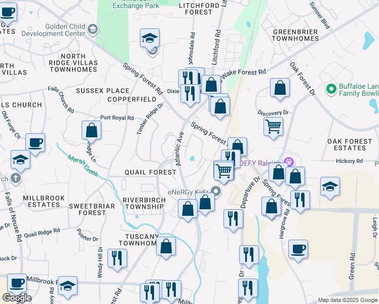 map of restaurants, bars, coffee shops, grocery stores, and more near 5410 Reunion Point in Raleigh