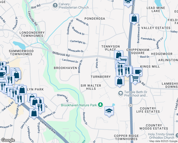 map of restaurants, bars, coffee shops, grocery stores, and more near 5801 Contour Drive in Raleigh