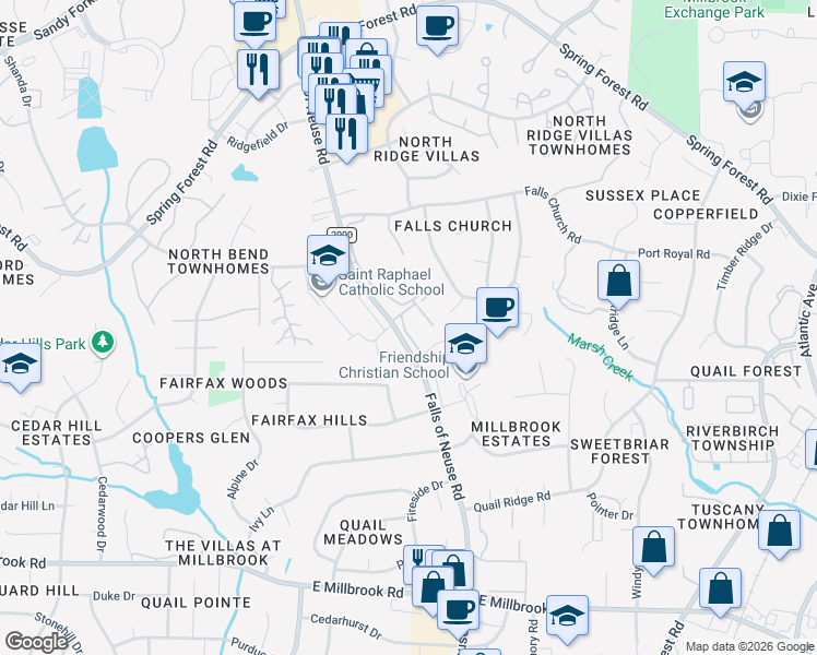 map of restaurants, bars, coffee shops, grocery stores, and more near 5602 Falls of Neuse Road in Raleigh