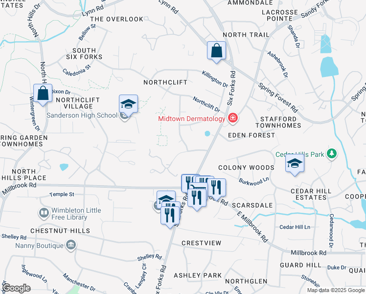 map of restaurants, bars, coffee shops, grocery stores, and more near 5617 Rangeley Drive in Raleigh