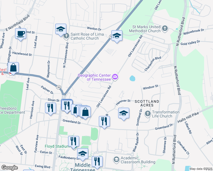 map of restaurants, bars, coffee shops, grocery stores, and more near 1245 Old Lascassas Road in Murfreesboro
