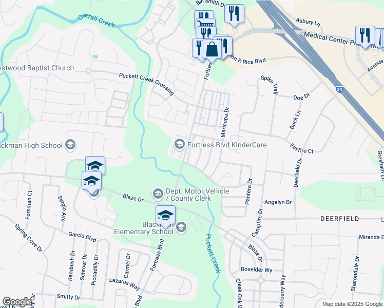map of restaurants, bars, coffee shops, grocery stores, and more near 832 Blackfoot Trail in Murfreesboro