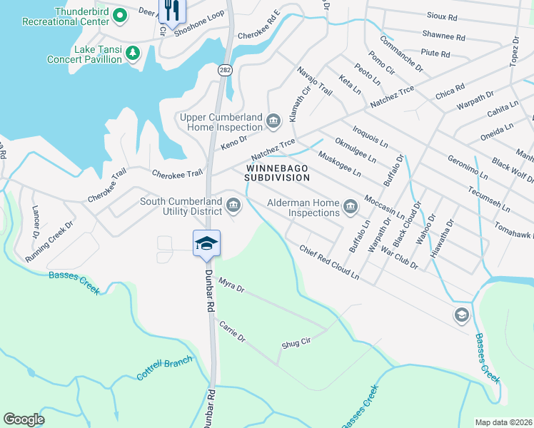 map of restaurants, bars, coffee shops, grocery stores, and more near 7034 Ute Lane in Crossville