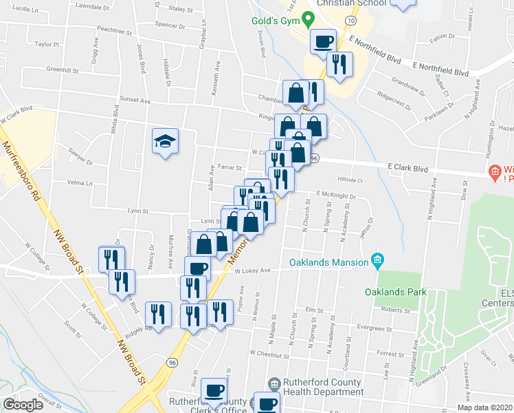 map of restaurants, bars, coffee shops, grocery stores, and more near 1203 Memorial Blvd in Murfreesboro