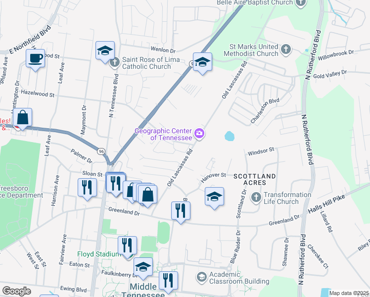 map of restaurants, bars, coffee shops, grocery stores, and more near 1213 Old Lascassas Road in Murfreesboro