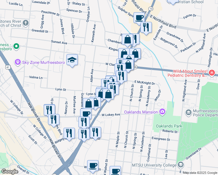 map of restaurants, bars, coffee shops, grocery stores, and more near 1203 Memorial Blvd in Murfreesboro