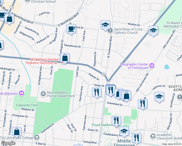 map of restaurants, bars, coffee shops, grocery stores, and more near 955 Palmer Drive in Murfreesboro