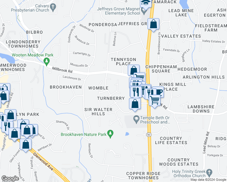 map of restaurants, bars, coffee shops, grocery stores, and more near 4616 Wee Burn Trail in Raleigh