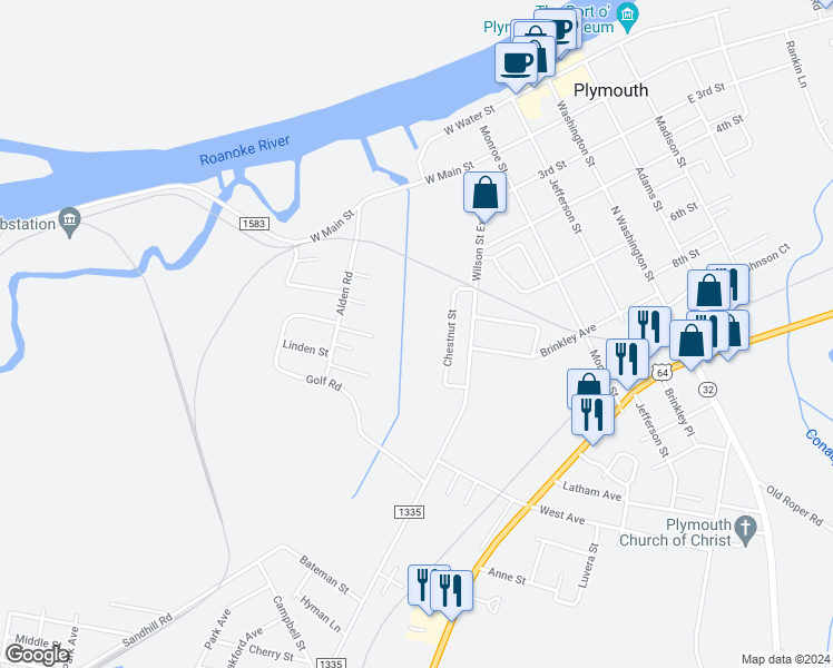 map of restaurants, bars, coffee shops, grocery stores, and more near Chestnut Street in Plymouth