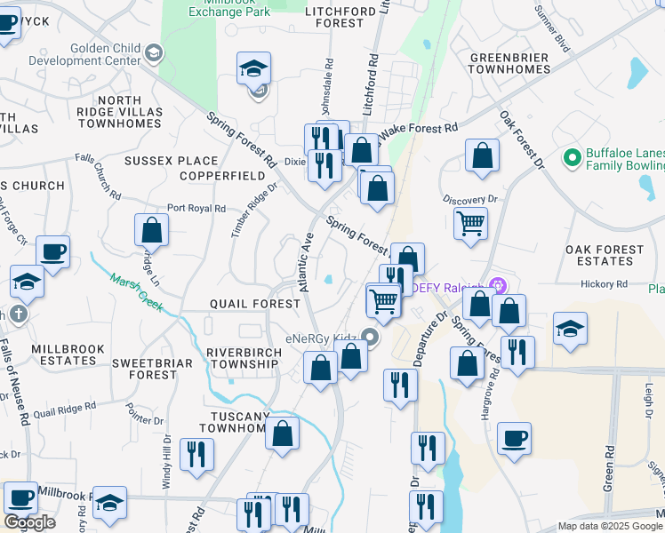 map of restaurants, bars, coffee shops, grocery stores, and more near 5410 Reunion Point in Raleigh