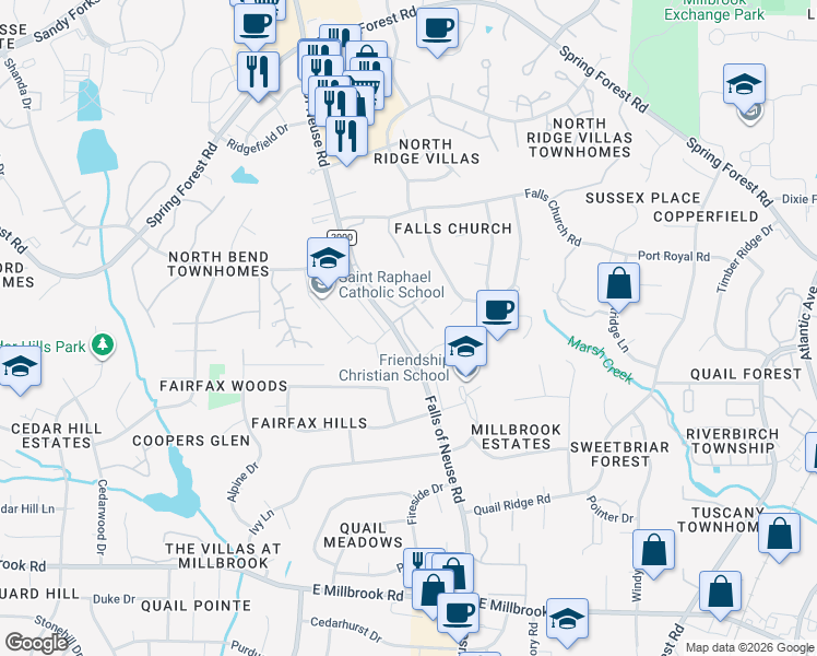 map of restaurants, bars, coffee shops, grocery stores, and more near 5602 Falls of Neuse Road in Raleigh