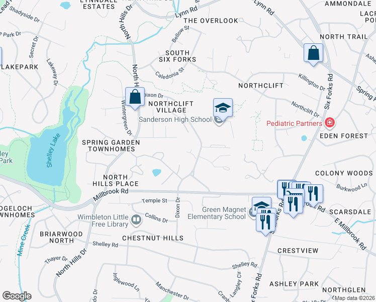 map of restaurants, bars, coffee shops, grocery stores, and more near 2213 Dixon Drive in Raleigh