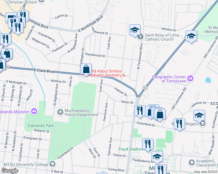map of restaurants, bars, coffee shops, grocery stores, and more near 902 Palmer Drive in Murfreesboro
