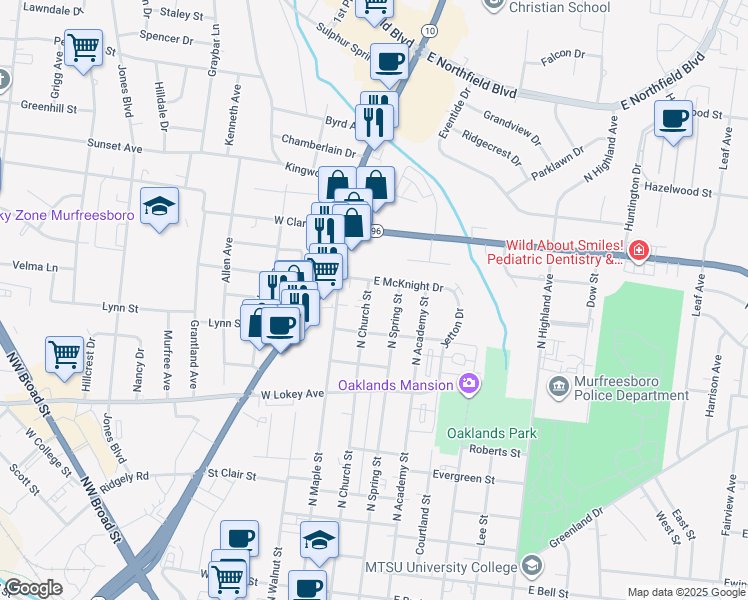 map of restaurants, bars, coffee shops, grocery stores, and more near 1203 Knox Street in Murfreesboro