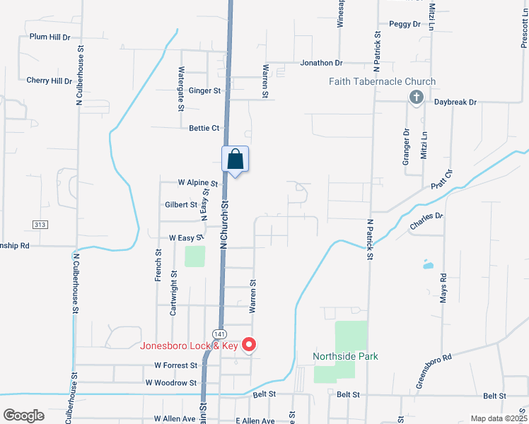 map of restaurants, bars, coffee shops, grocery stores, and more near 404 East Roseclair Street in Jonesboro