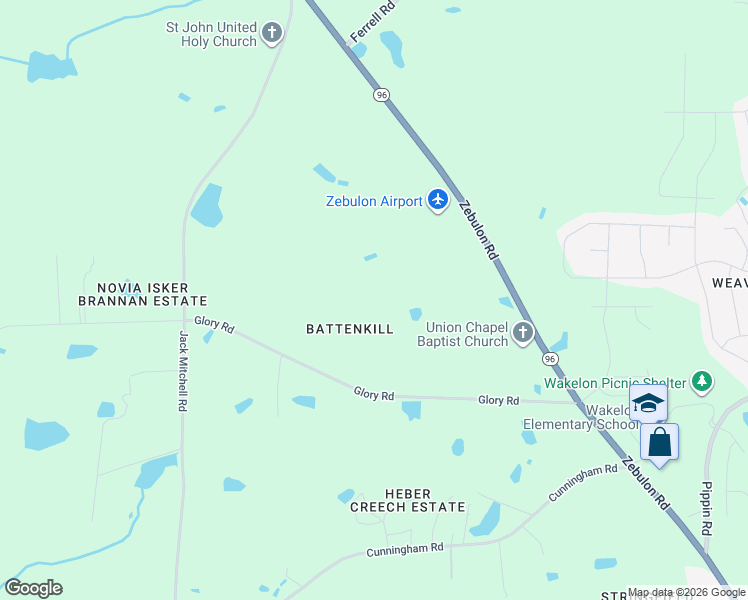 map of restaurants, bars, coffee shops, grocery stores, and more near 8433 Glory Road in Zebulon
