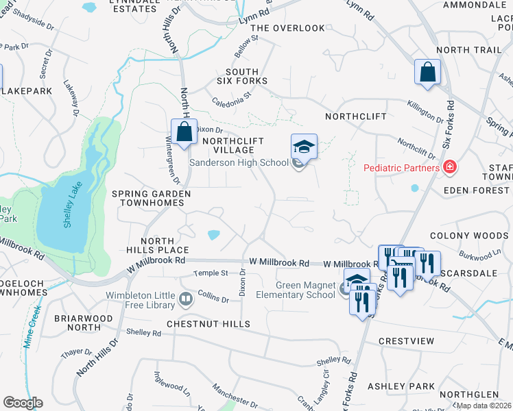 map of restaurants, bars, coffee shops, grocery stores, and more near 2213 Dixon Drive in Raleigh