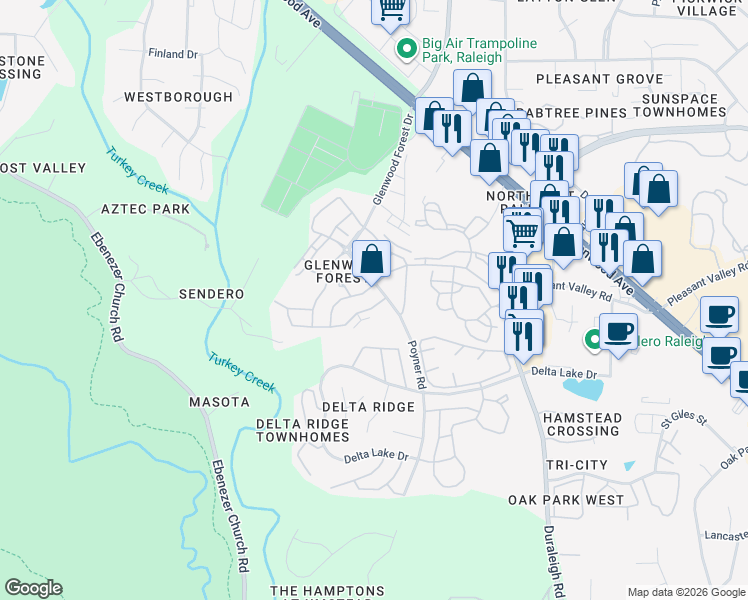 map of restaurants, bars, coffee shops, grocery stores, and more near 4908 Lady of the Lake Drive in Raleigh