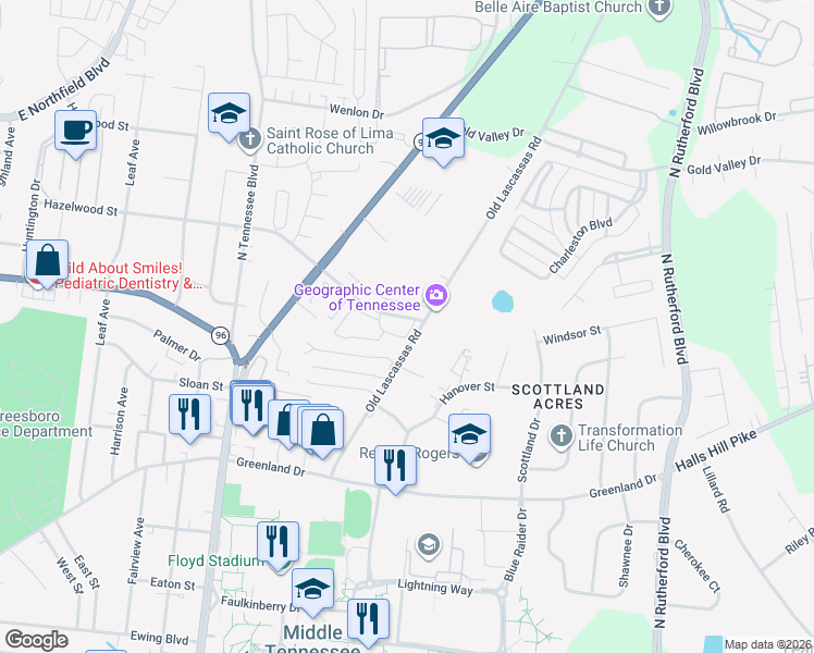 map of restaurants, bars, coffee shops, grocery stores, and more near 1245 Old Lascassas Road in Murfreesboro