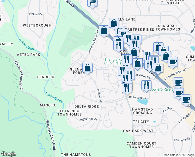 map of restaurants, bars, coffee shops, grocery stores, and more near 4849 Sir Duncan Way in Raleigh