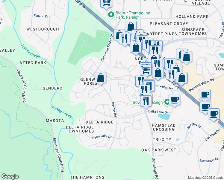 map of restaurants, bars, coffee shops, grocery stores, and more near 4849 Sir Duncan Way in Raleigh