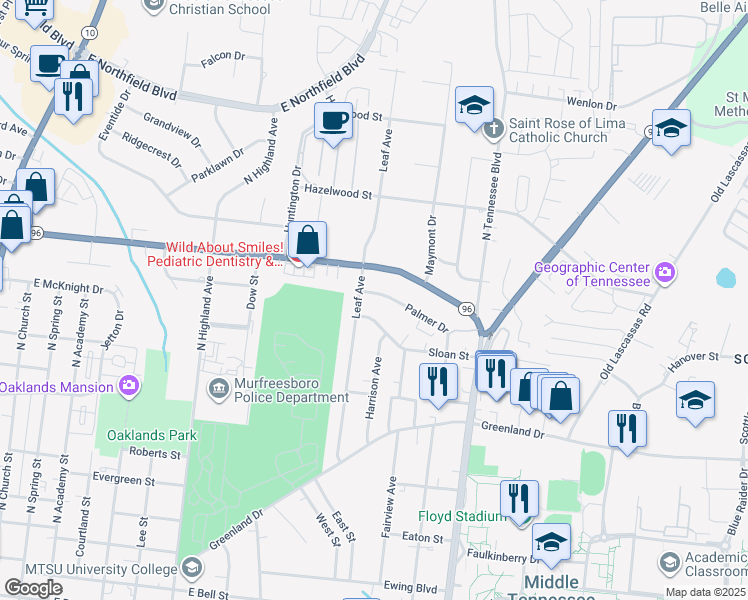 map of restaurants, bars, coffee shops, grocery stores, and more near 902 Palmer Drive in Murfreesboro