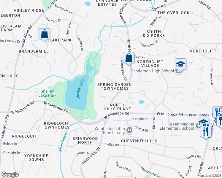 map of restaurants, bars, coffee shops, grocery stores, and more near 1314 Garden Crest Circle in Raleigh