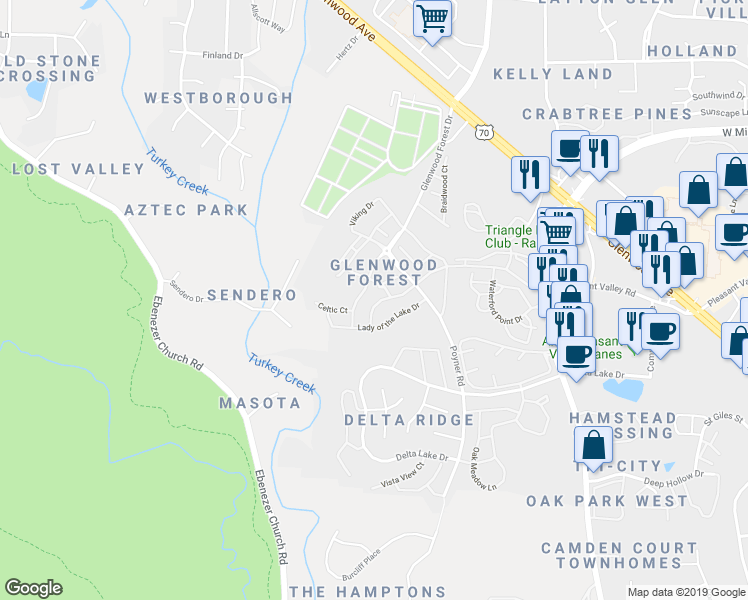 map of restaurants, bars, coffee shops, grocery stores, and more near 5025 Amber Clay Lane in Raleigh