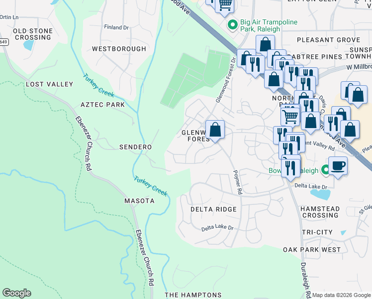 map of restaurants, bars, coffee shops, grocery stores, and more near 5004 Celtic Court in Raleigh