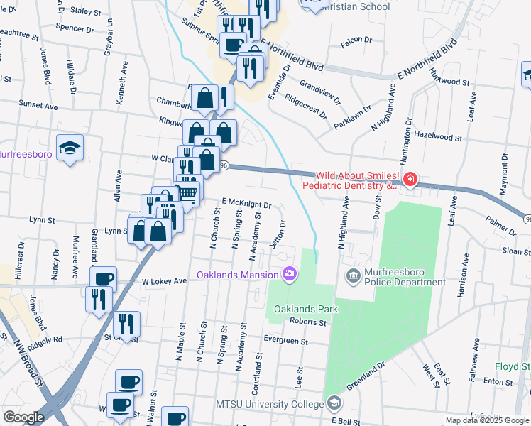 map of restaurants, bars, coffee shops, grocery stores, and more near 1116 North Academy Street in Murfreesboro